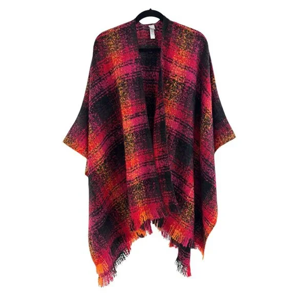 Chico's Plaid Blanket Shawl Fray Trim Fringe Ruana Wrap Poncho Knit Sweater OS